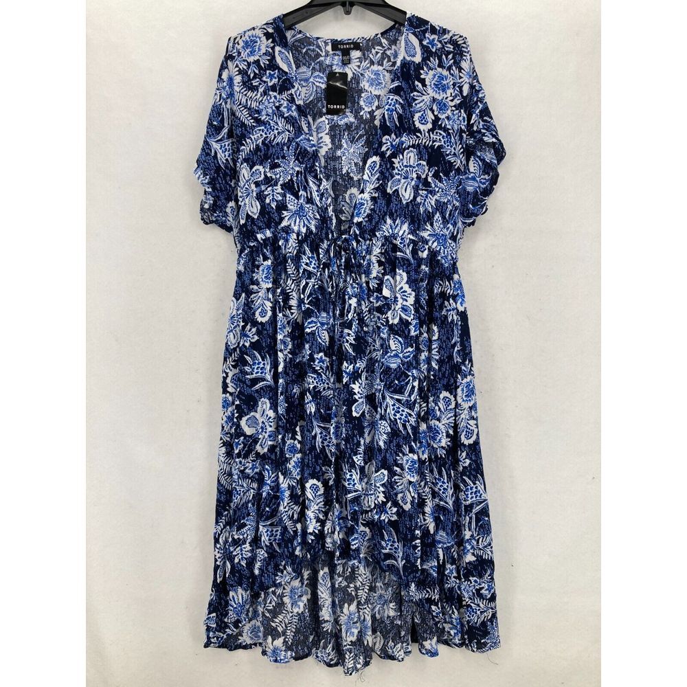Torrid Indigo Blue Floral Print Tie Waist‎ Kimono Dress 00/0 Short Sleeve Boho